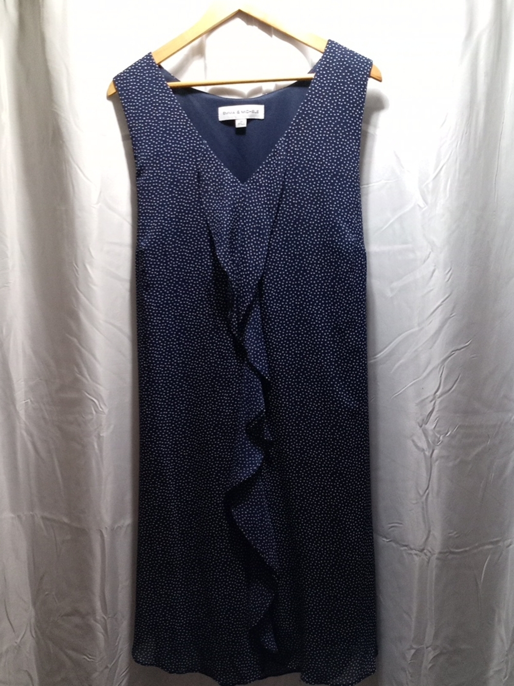 Emma & Michele Navy Polka Dot Midi Dress with Front Ruffle